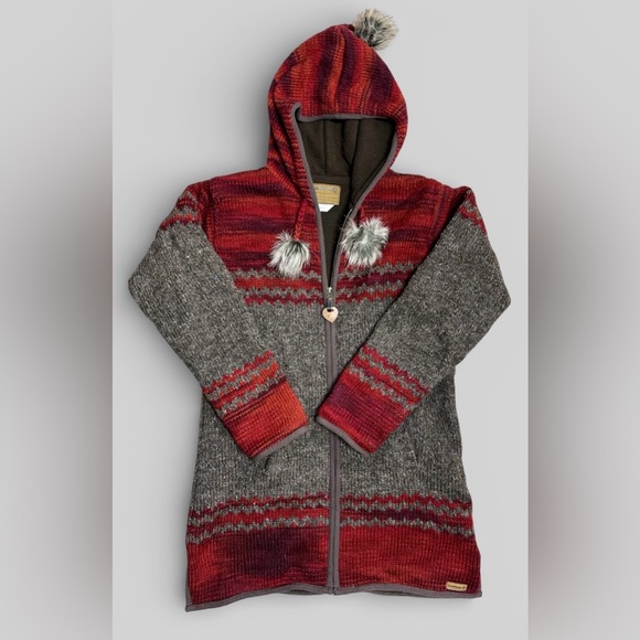 Laundromat Hooded Wool Knit Sweater Coat Pom Pom Alpine Fair Isle Size L - Picture 2 of 10